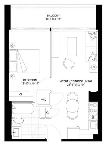 Floor plan for 1 bed, 1 bath, 486 sqft